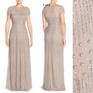 New Adrianna Papell beaded pearl sleeve mesh gown
